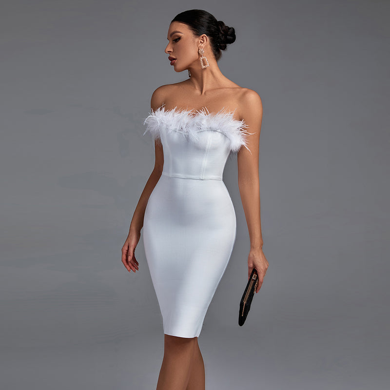 Strapless Sleeveless Plume Mini Bandage Dress PF1108