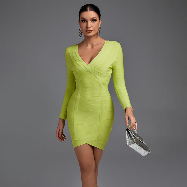 V Neck 3/4 Sleeve Striped Mini Bandage Dress PF19152