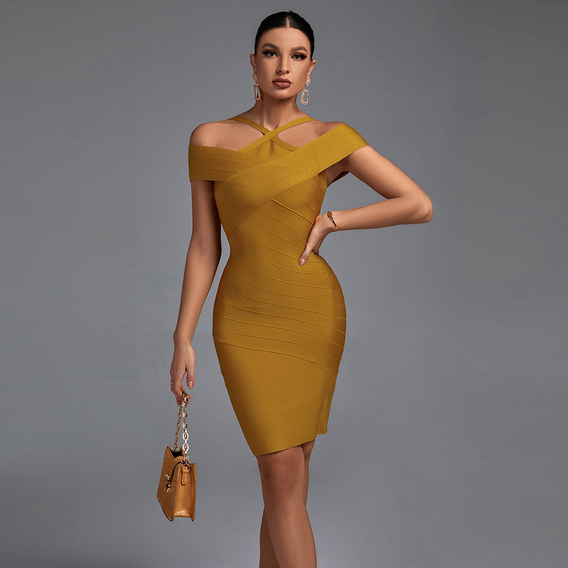 Strappy Short Sleeve Striped Mini Bandage Dress PF19253