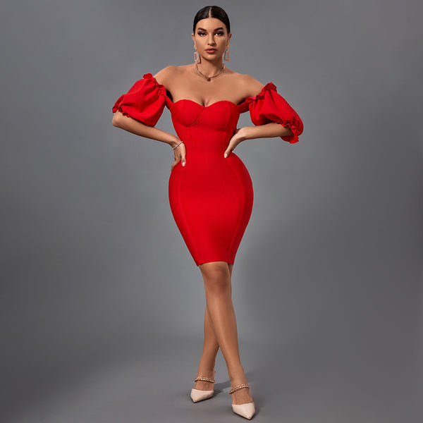 Off Shoulder Short Sleeve Backless Mini Bandage Dress PF20006