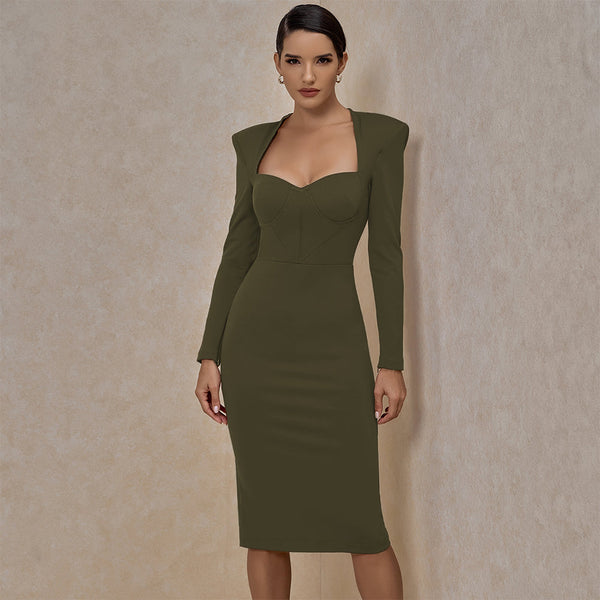 Square Collar Long Sleeve Plain Over Knee Bandage Dress PF20007