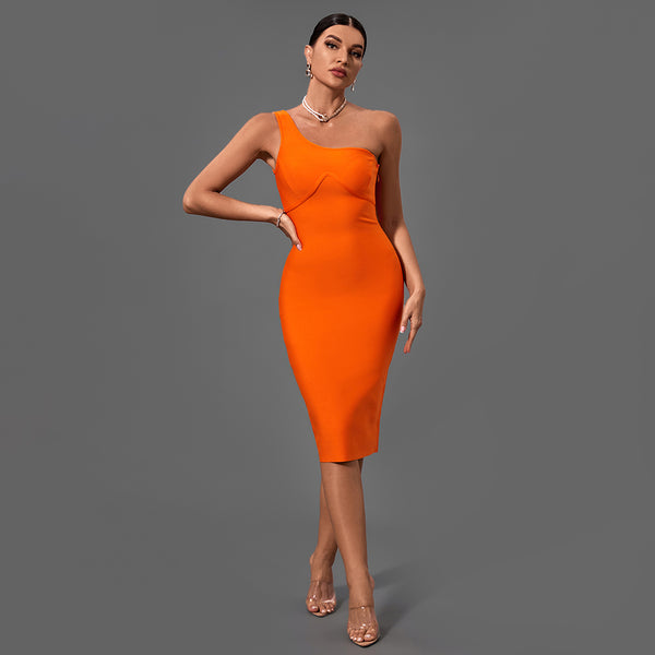 Orange One Shoulder Sleeveless Asymmetrical Midi Bandage Dress PF21422