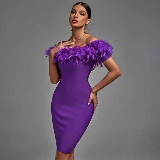 Off Shoulder Short Sleeve Feather Midi Bandage Dress PF21450