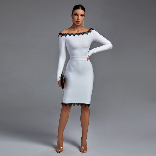 White Off Shoulder Long Sleeve Lace Midi Bandage Dress PF21503