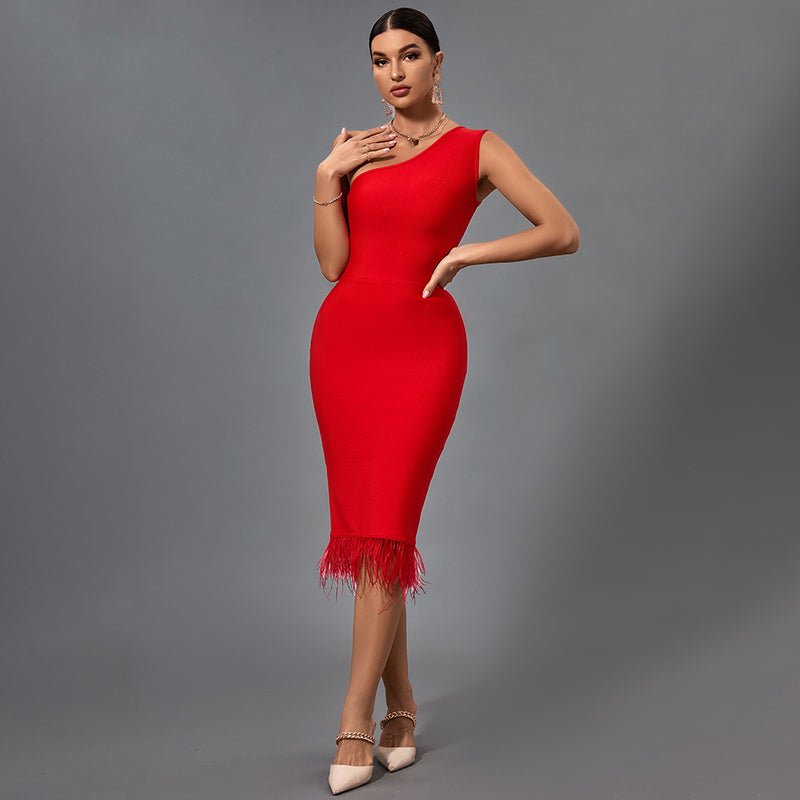 One Shoulder Sleeveless Tassels Midi Bandage Dress PF21507
