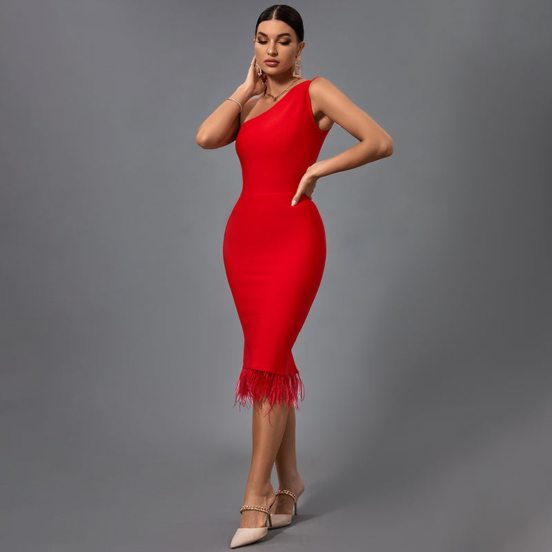 One Shoulder Sleeveless Tassels Midi Bandage Dress PF21507