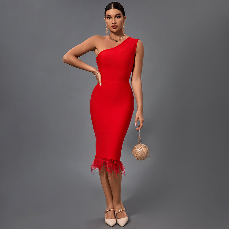 One Shoulder Sleeveless Tassels Midi Bandage Dress PF21507