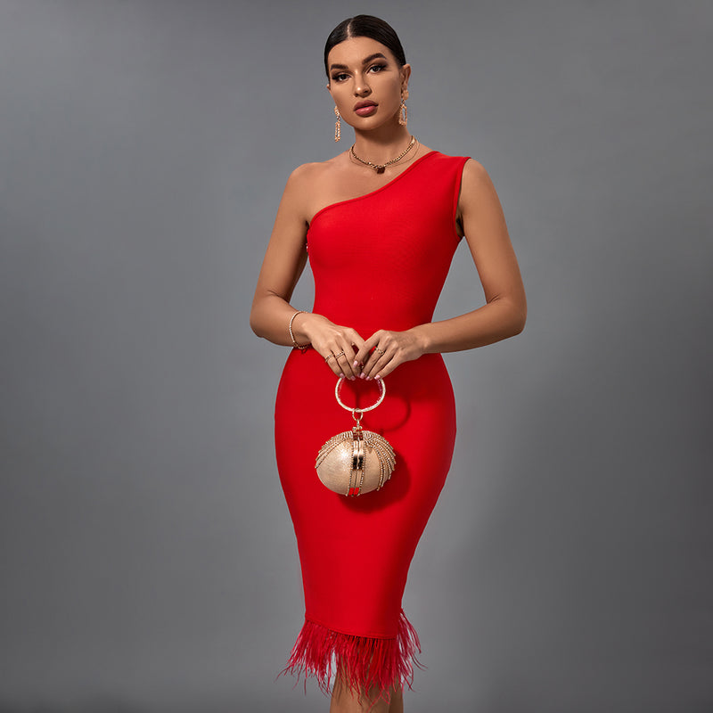 One Shoulder Sleeveless Tassels Midi Bandage Dress PF21507