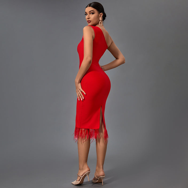 One Shoulder Sleeveless Tassels Midi Bandage Dress PF21507