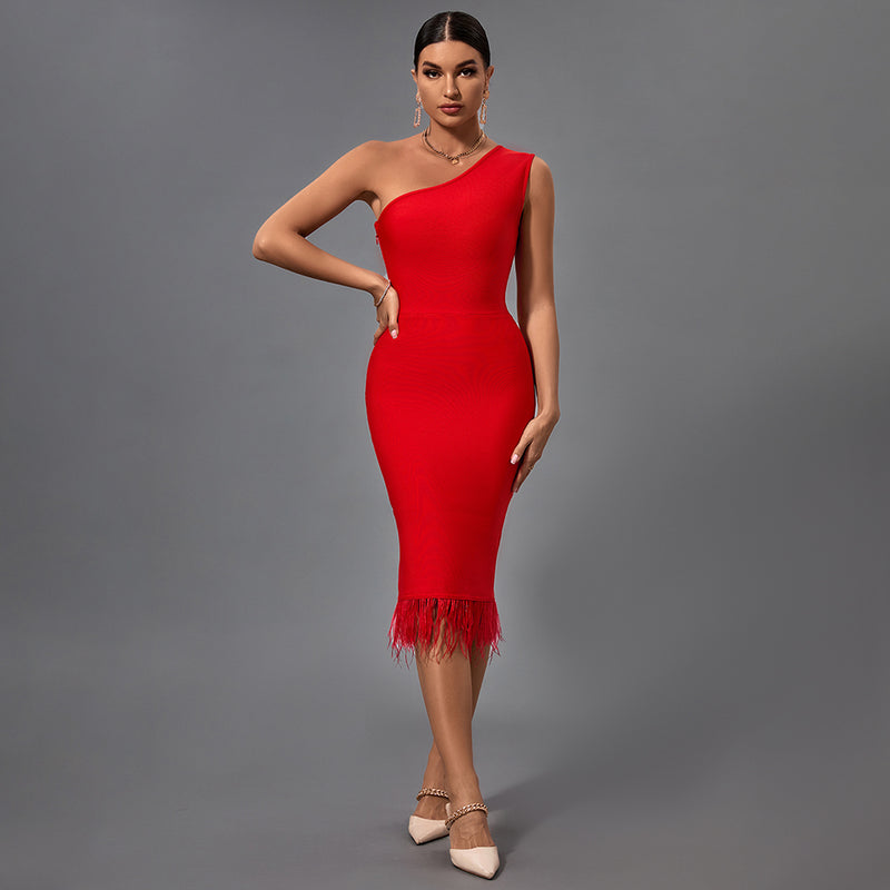 One Shoulder Sleeveless Tassels Midi Bandage Dress PF21507