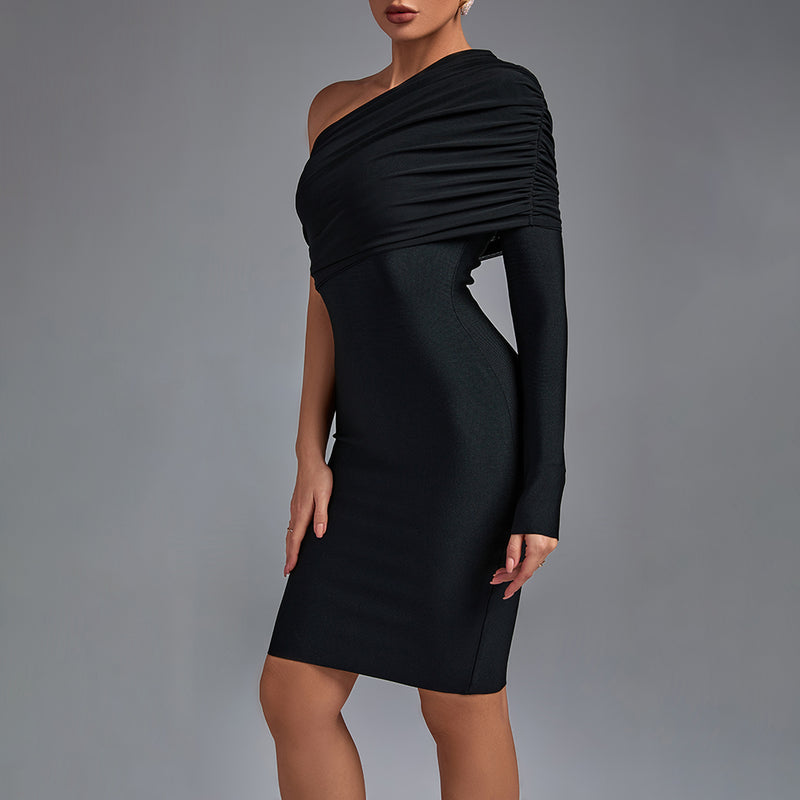One Shoulder Long Sleeve Asymmetrical Midi Bandage Dress PF21609