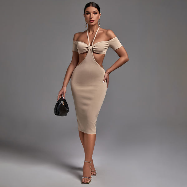 Nude Halter Short Sleeve Cut Out Midi Bandage Dress PF21620