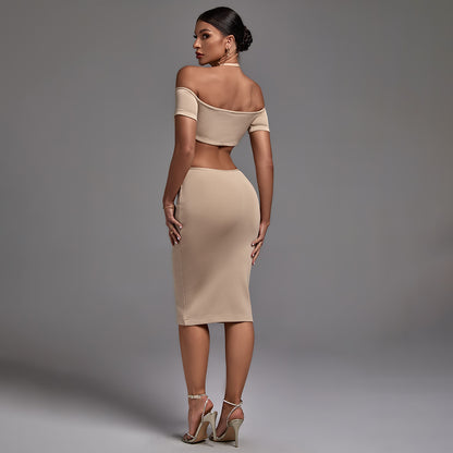 Nude Halter Short Sleeve Cut Out Midi Bandage Dress PF21620