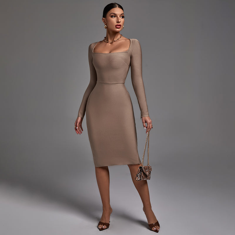 Square Collar Long Sleeve Plain Midi Bandage Dress PF21820