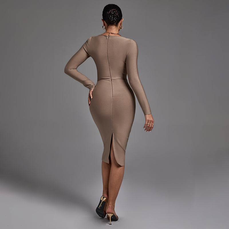 Square Collar Long Sleeve Plain Midi Bandage Dress PF21820
