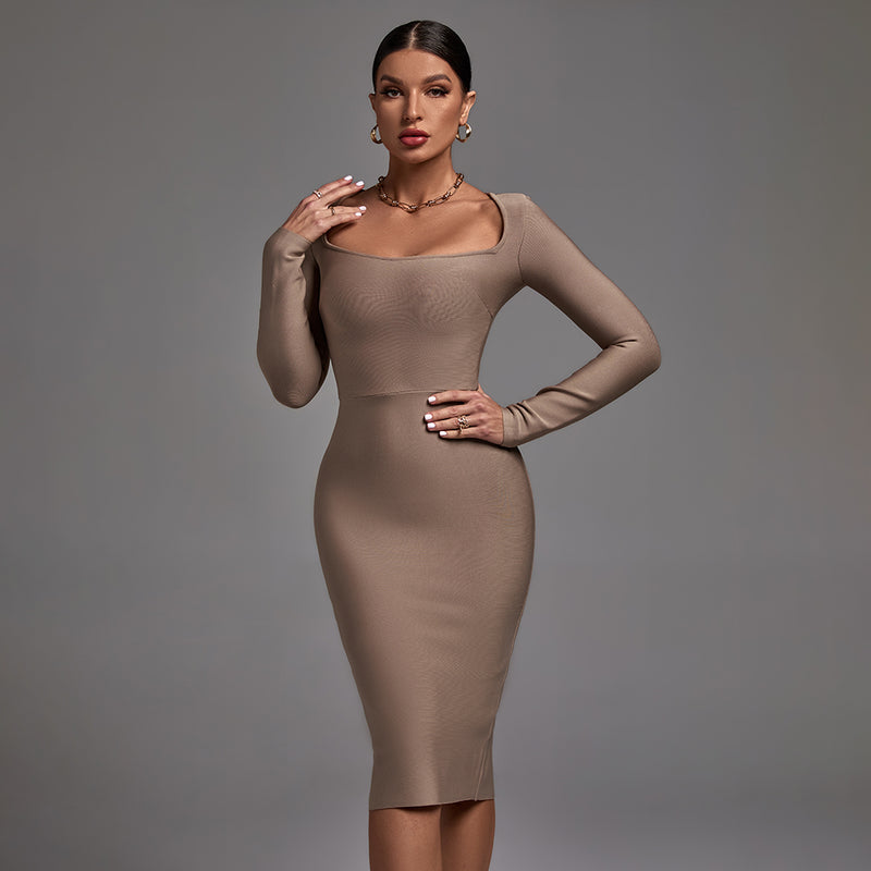 Square Collar Long Sleeve Plain Midi Bandage Dress PF21820