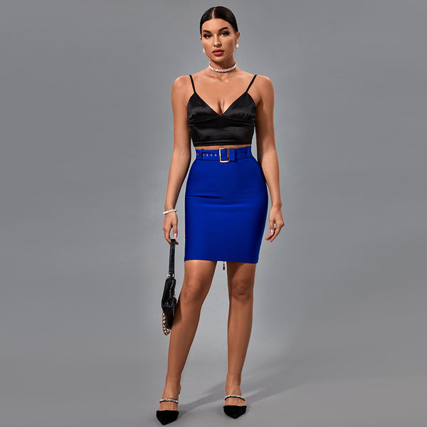 Blue With Belt Midi Bandage Skirt PF21824