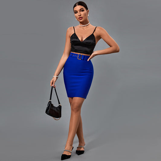 Blue With Belt Midi Bandage Skirt PF21824