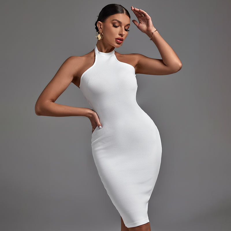 Halter Sleeveless Striped Midi Backless Bandage Dress PF21830