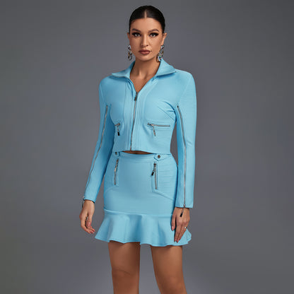 V Neck Long Sleeve Frill Bandage Set PF21904