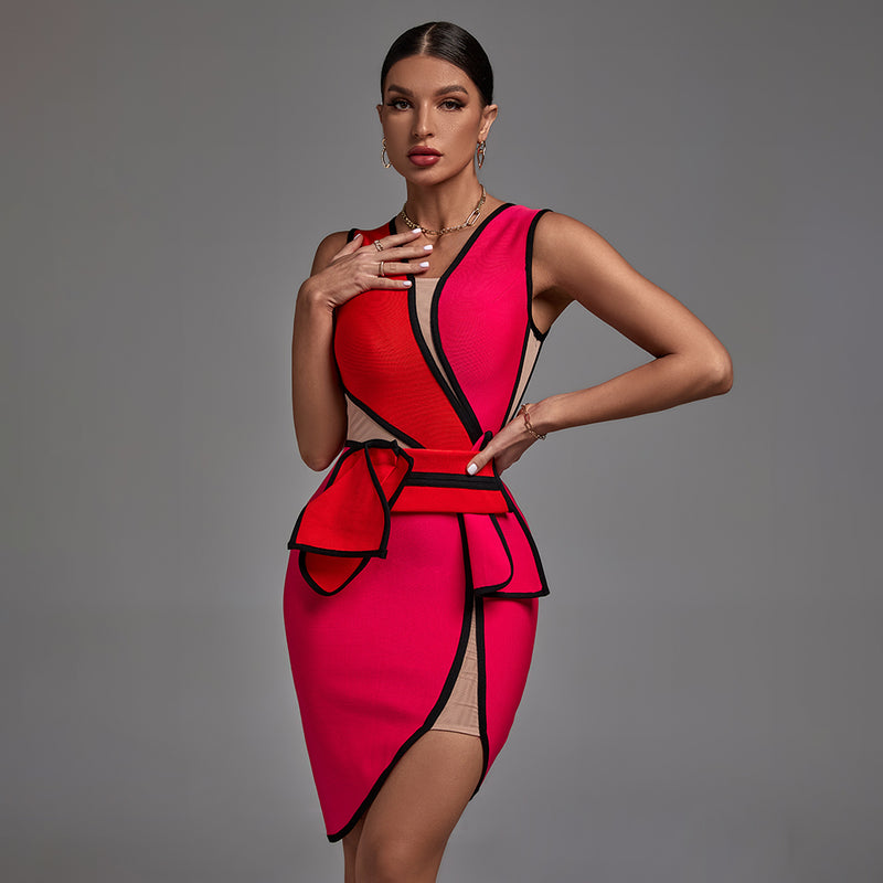 V Neck Sleeveless Mesh Asymmetrical Bandage Dress PF21914