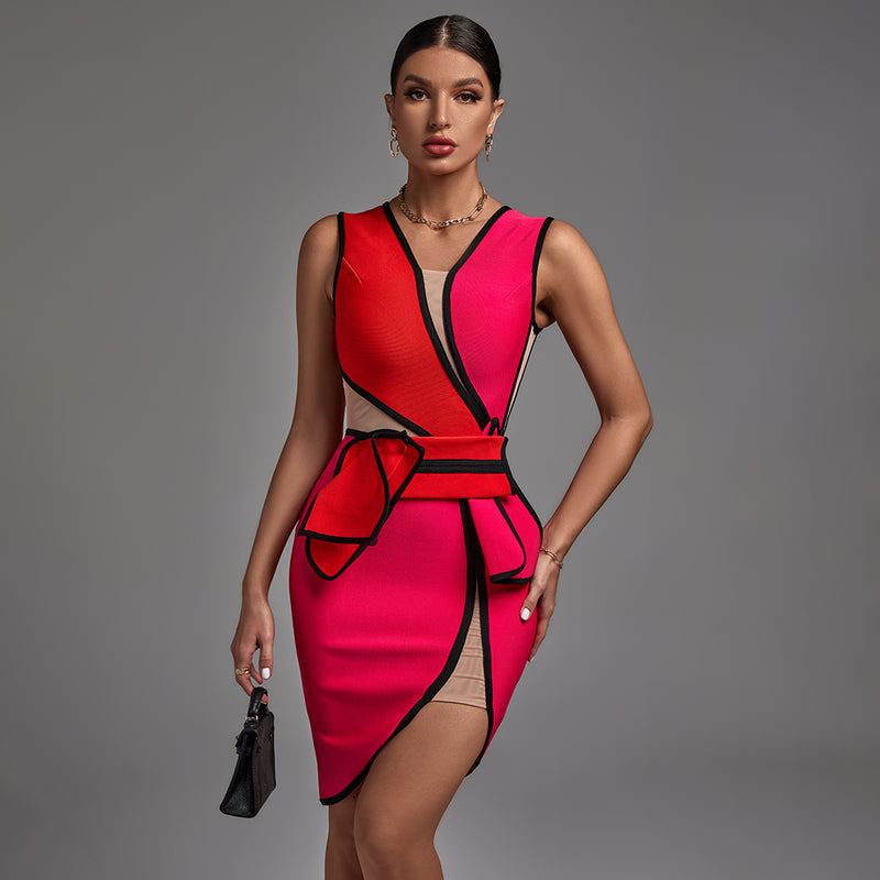 V Neck Sleeveless Mesh Asymmetrical Bandage Dress PF21914