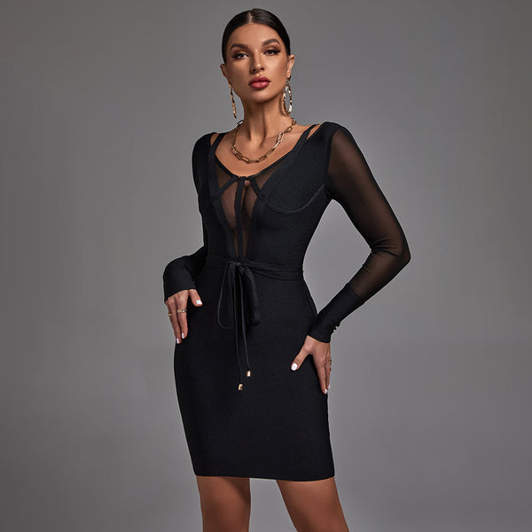 V Neck Long Sleeve Midi Mesh Bandage Dress PF22030