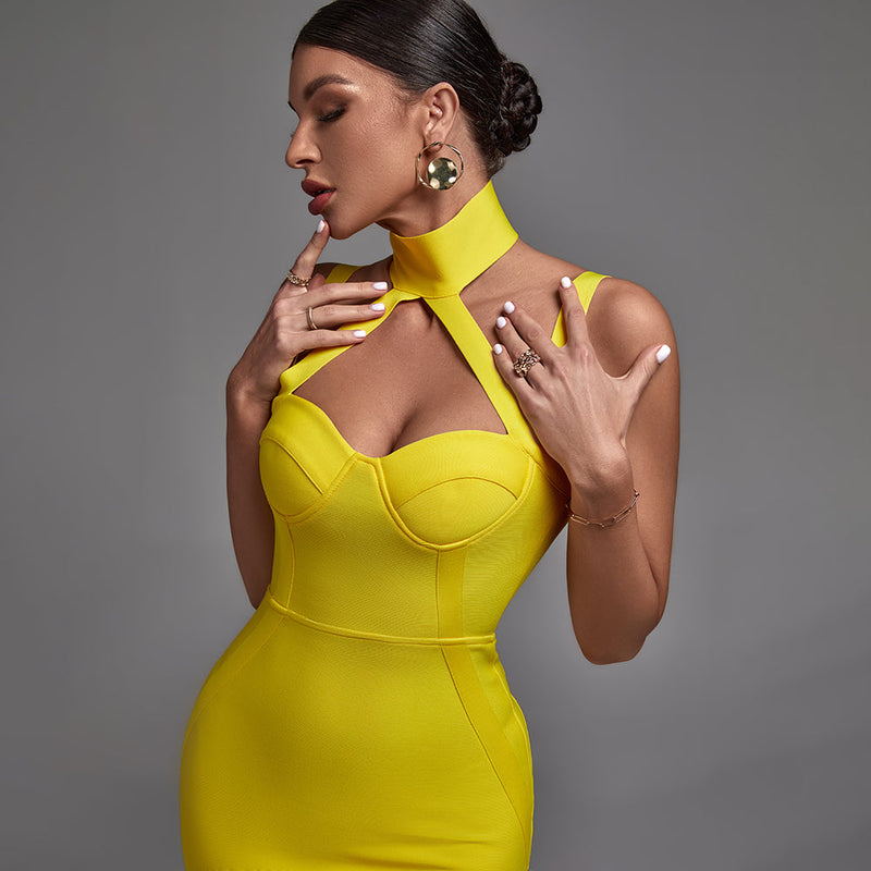 Yellow High Neck Sleeveless Hollow out Midi Bandage Dress PK22009