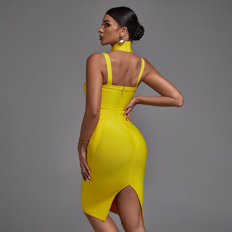 Yellow High Neck Sleeveless Hollow out Midi Bandage Dress PK22009