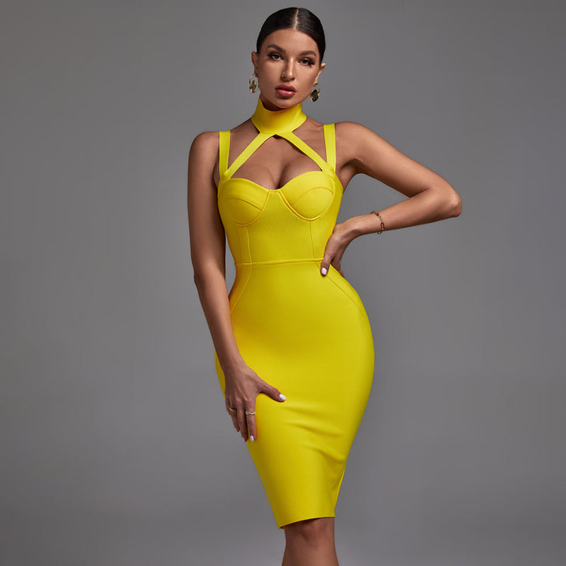 Yellow High Neck Sleeveless Hollow out Midi Bandage Dress PK22009