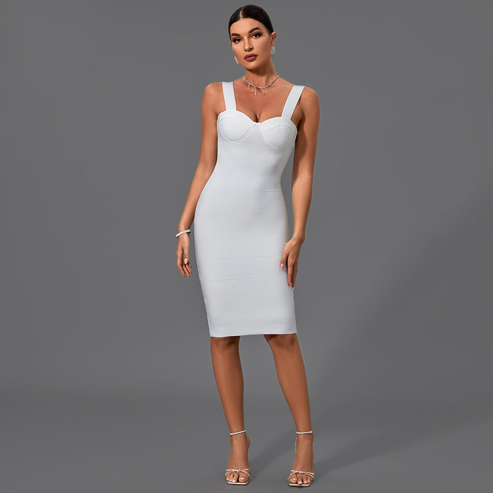 White Strappy Sleeveless Striped Midi Bandage Dress PM21501