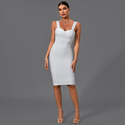 White Strappy Sleeveless Striped Midi Bandage Dress PM21501