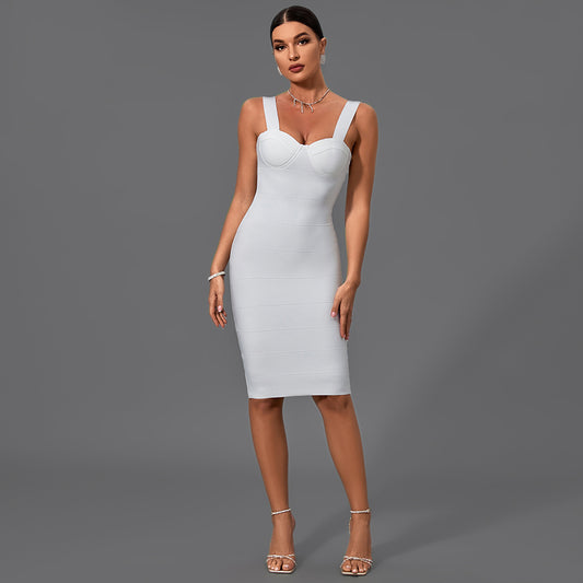 White Strappy Sleeveless Striped Midi Bandage Dress PM21501