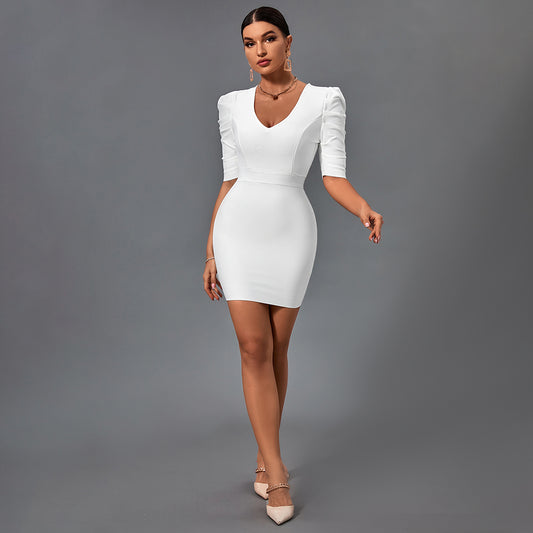 V Neck Mid Sleeve Backless Mini Bandage Dress PP091915