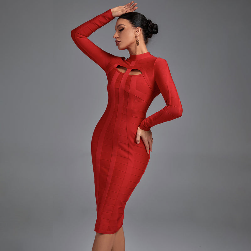 High Neck Long Sleeve Cut Out Over Knee Bandage Dress PP1103