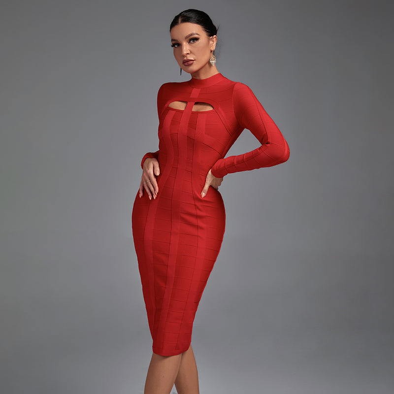 High Neck Long Sleeve Cut Out Over Knee Bandage Dress PP1103