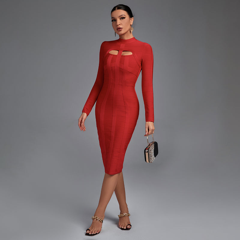 High Neck Long Sleeve Cut Out Over Knee Bandage Dress PP1103