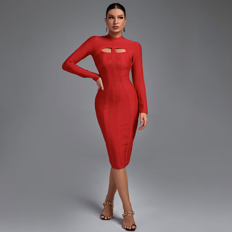 High Neck Long Sleeve Cut Out Over Knee Bandage Dress PP1103