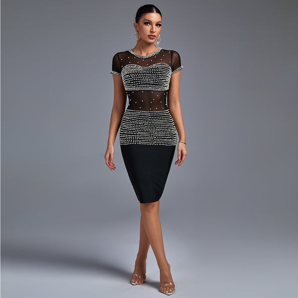 Round Neck Short Sleeve Mesh Mini Bandage Dress PP19220