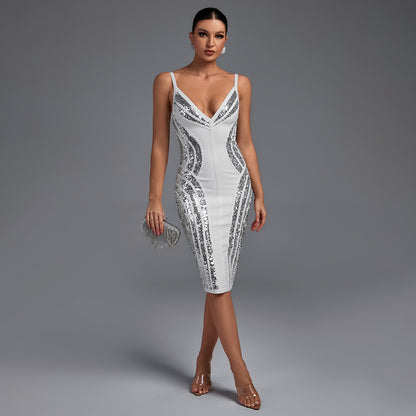 Strappy Striped Sequins Bandage Dress PP19341