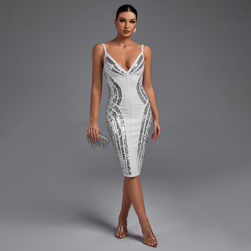 Strappy Striped Sequins Bandage Dress PP19341