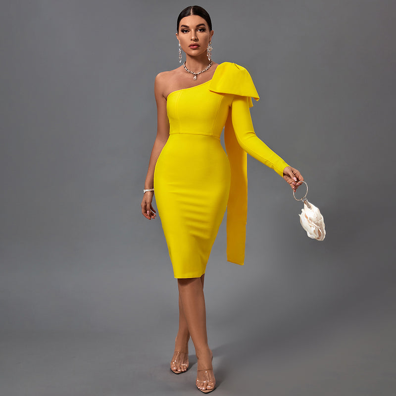 Bowknot Asymmetrical One Sleeve Bandage Dress PP19348 Wowdear