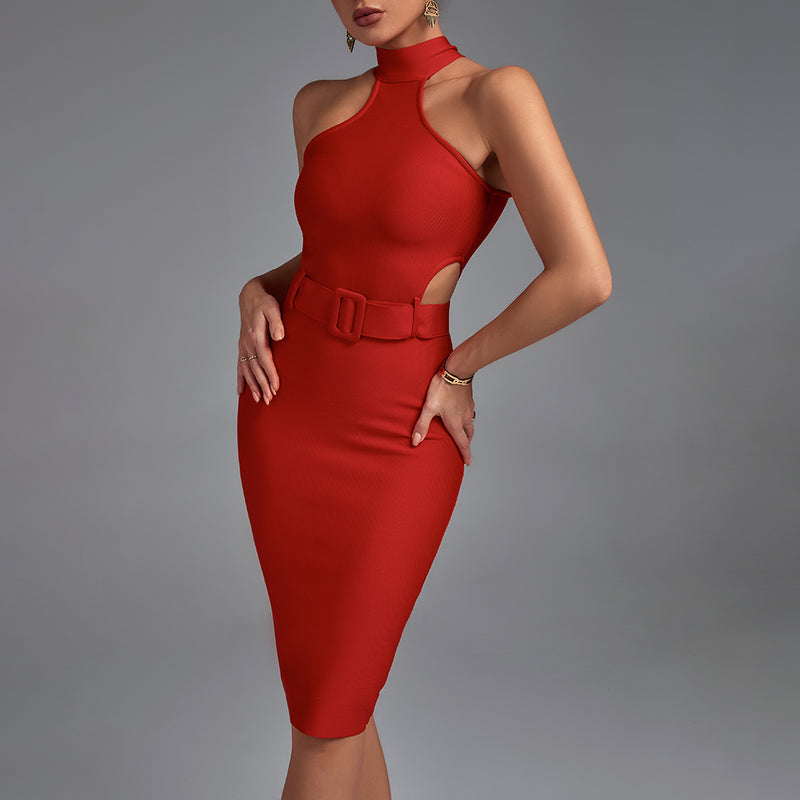 High Neck Sleeveless Cut Out With Belt Bandage Dress PP19425