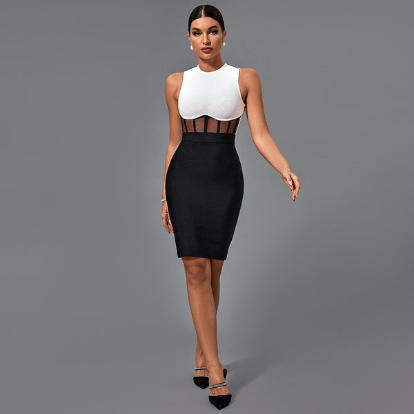 Round Neck Sleeveless Mesh Midi Bandage Dress PP20008
