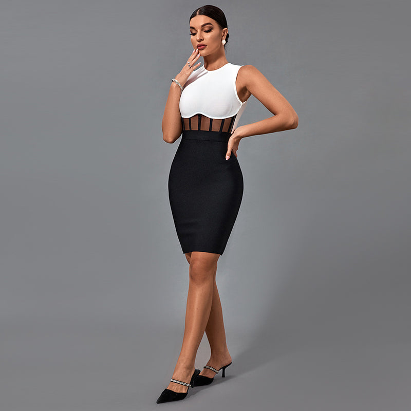 Round Neck Sleeveless Mesh Midi Bandage Dress PP20008