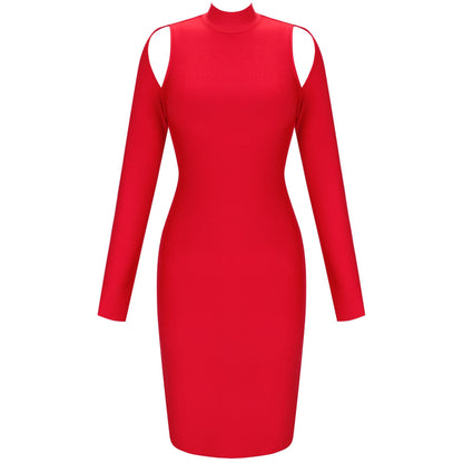 High Neck Long Sleeve Cut Out Over Knee Bandage Dress PP20009