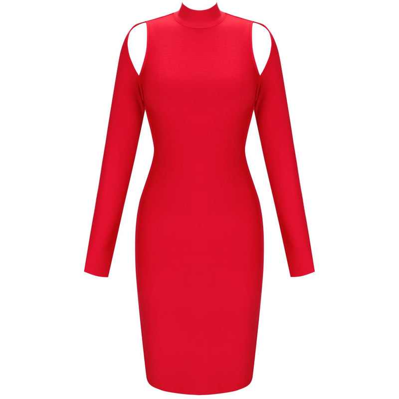 High Neck Long Sleeve Cut Out Over Knee Bandage Dress PP20009