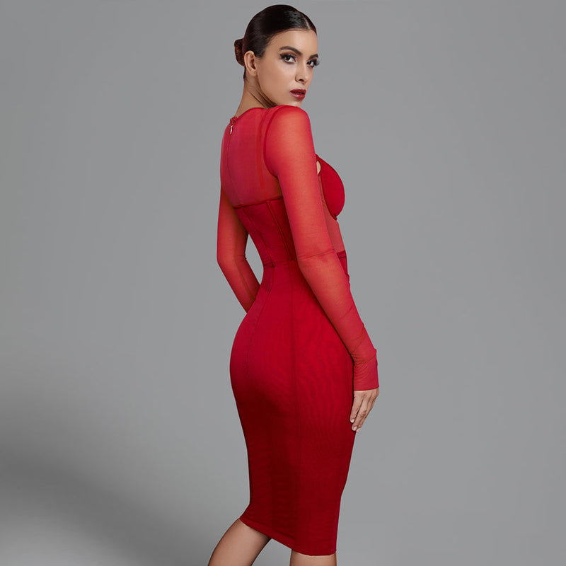 Long Sleeve Cut Out Mesh Bandage Dress PP211028