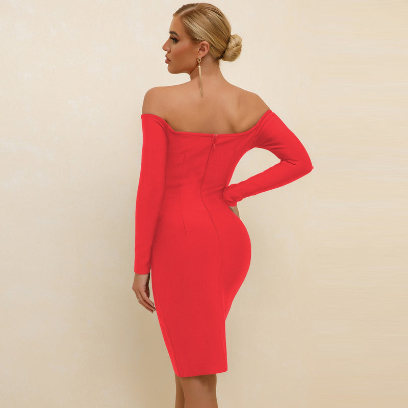 Off Shoulder Long Sleeve Slit Midi Bandage Dress PP21106