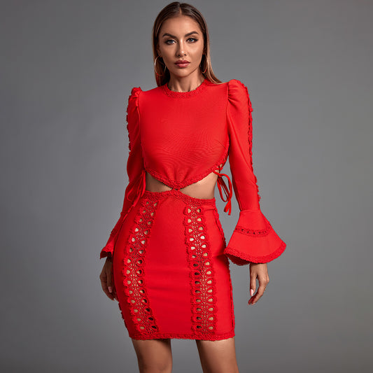 Round Neck Long Sleeve Cut Out Mini Bandage Dress PP21108